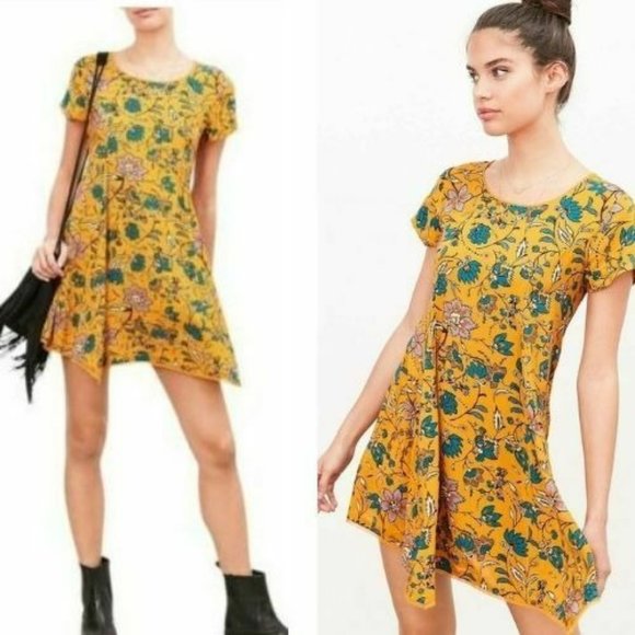 SILENCE + NOISE Women Yellow Mustard Mini Dress SMALL Floral Boho‎ Fringed Hem - Picture 1 of 12